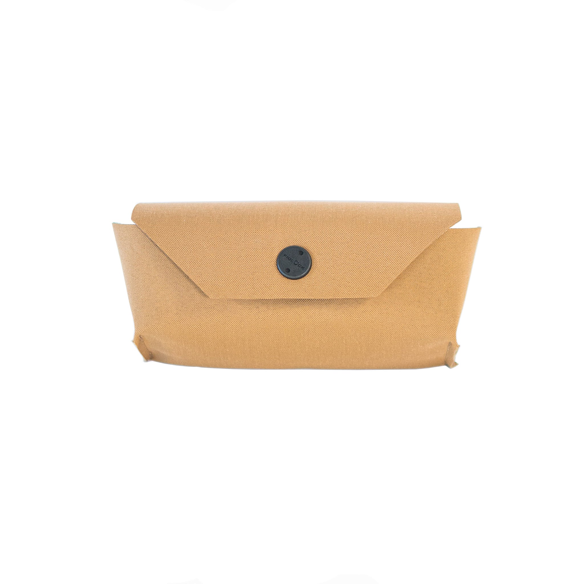 A black sunglasses holster made of fabric, with a pair of sunglasses partially inserted into it, displayed against a white background.